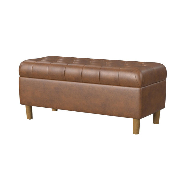 Sol Storage Bench Ottoman, Brown Faux Leather and Hardwood, 36 Inch -BM334211