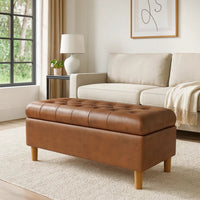 Sol Storage Bench Ottoman, Brown Faux Leather and Hardwood, 36 Inch -BM334211
