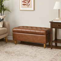 Sol Storage Bench Ottoman, Brown Faux Leather and Hardwood, 36 Inch -BM334211
