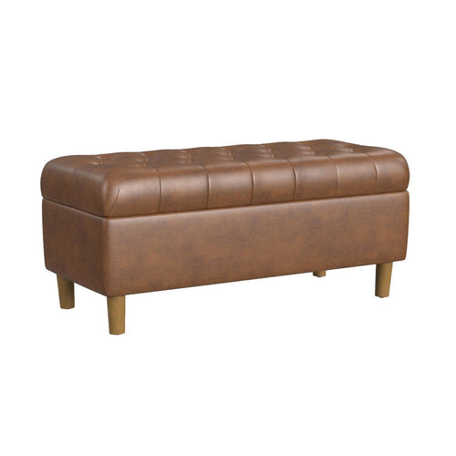 Sol Storage Bench Ottoman, Brown Faux Leather and Hardwood, 36 Inch -BM334211