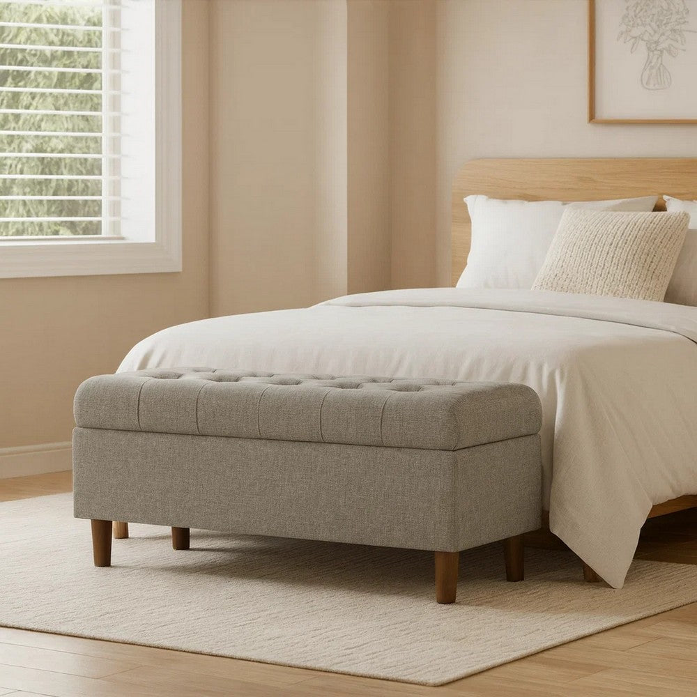 Sol Storage Bench Ottoman, Gray Woven Fabric, Brown Wood, 40 Inch -BM334212