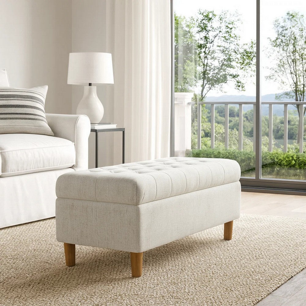 Sol Storage Bench Ottoman, Cream Woven Fabric, Brown Wood, 40 Inch -BM334213