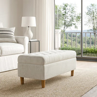 Sol Storage Bench Ottoman, Cream Woven Fabric, Brown Wood, 40 Inch -BM334213