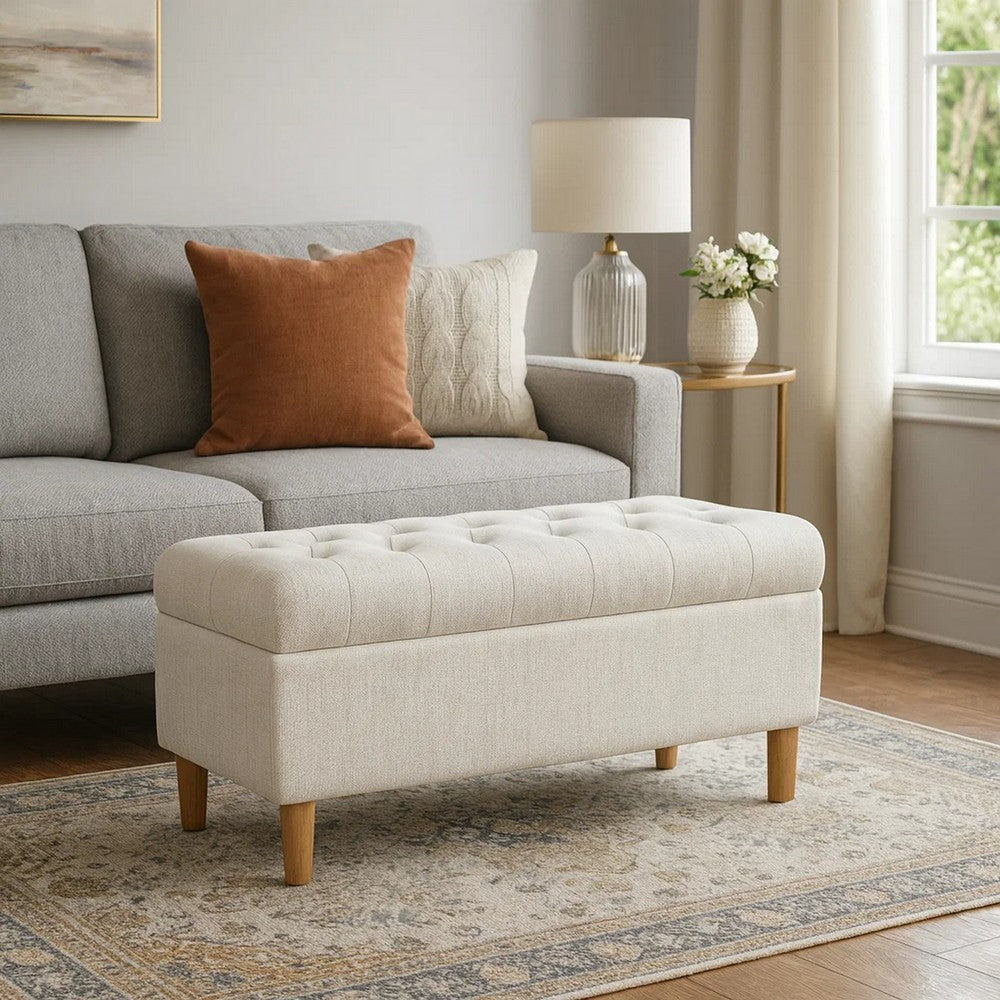 Sol Storage Bench Ottoman, Cream Woven Fabric, Brown Wood, 40 Inch -BM334213