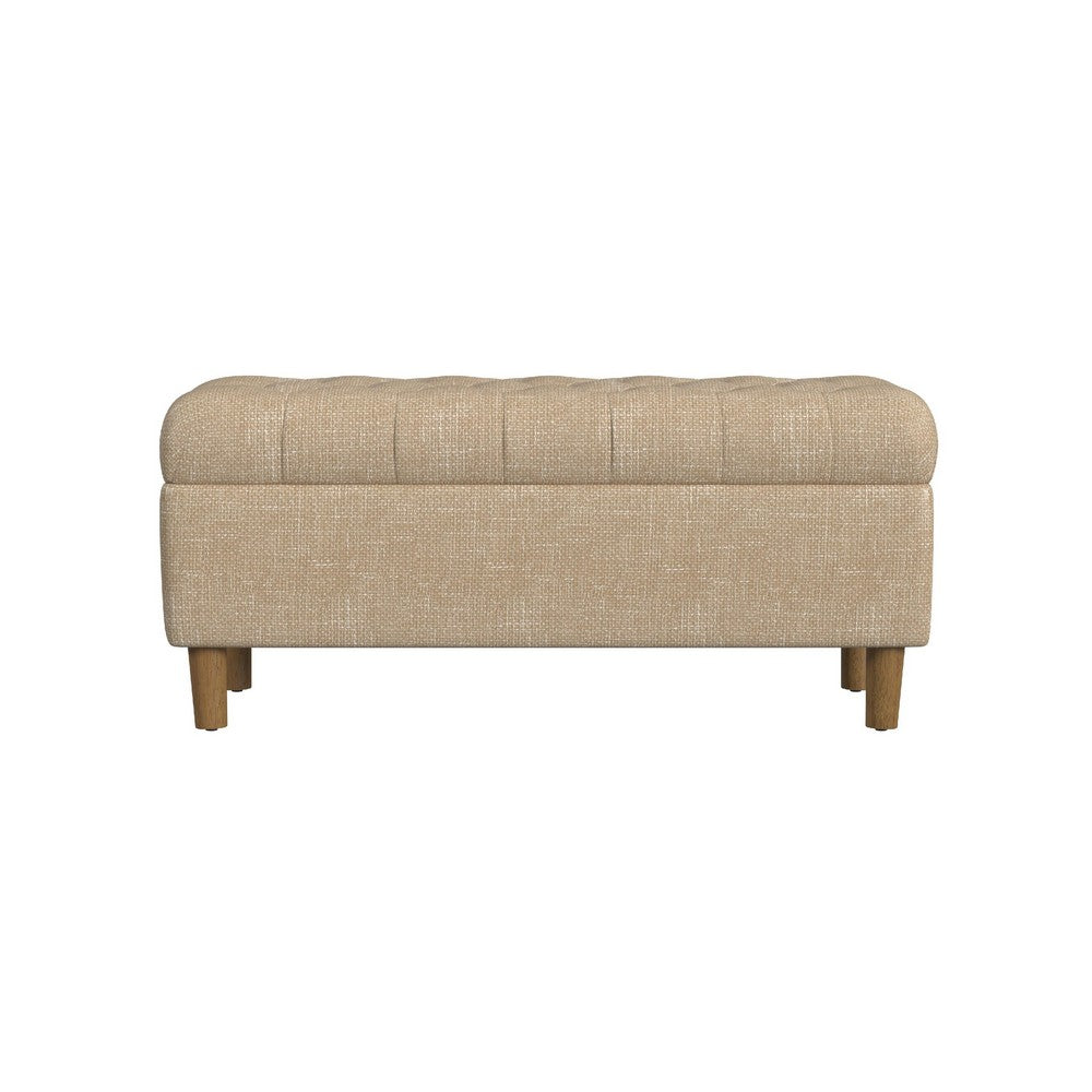 Sol Storage Bench Ottoman, Light Tan Woven Fabric, Brown Wood, 40 Inch -BM334214