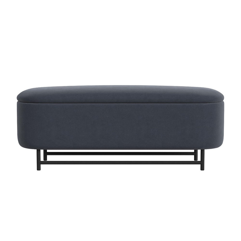 Pat Storage Bench Ottoman, Steel Blue Velvet, Black Metal, 46 Inch -BM334217