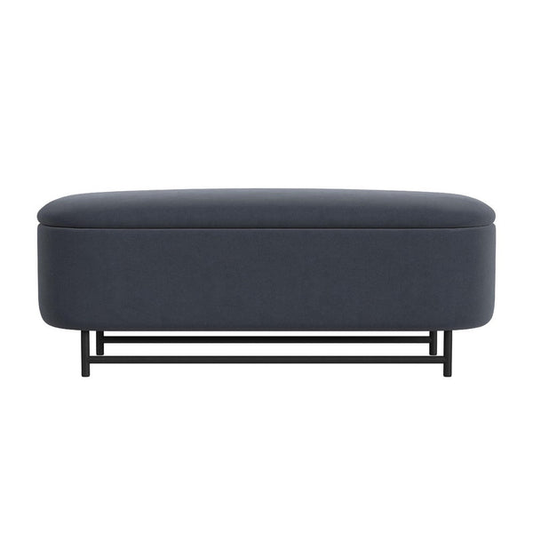 Pat Storage Bench Ottoman, Steel Blue Velvet, Black Metal, 46 Inch -BM334217