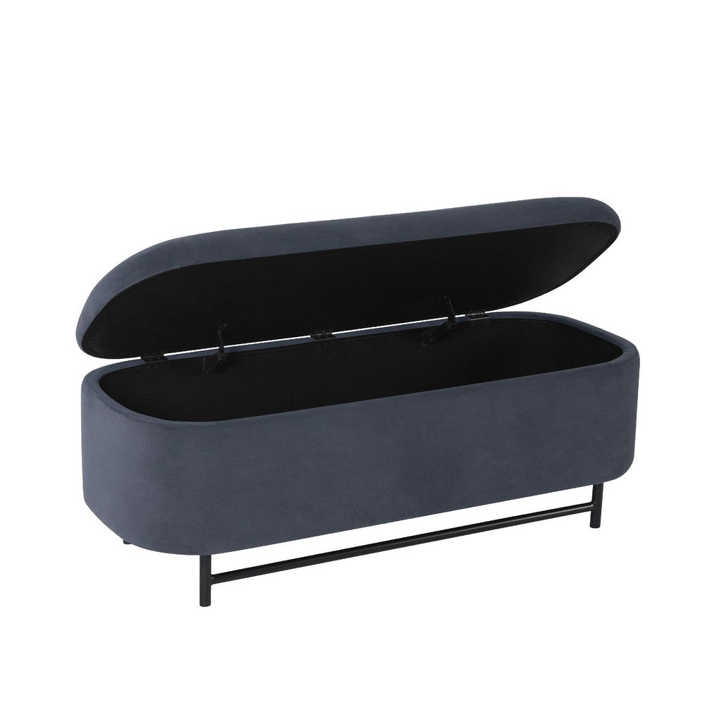 Pat Storage Bench Ottoman, Steel Blue Velvet, Black Metal, 46 Inch -BM334217