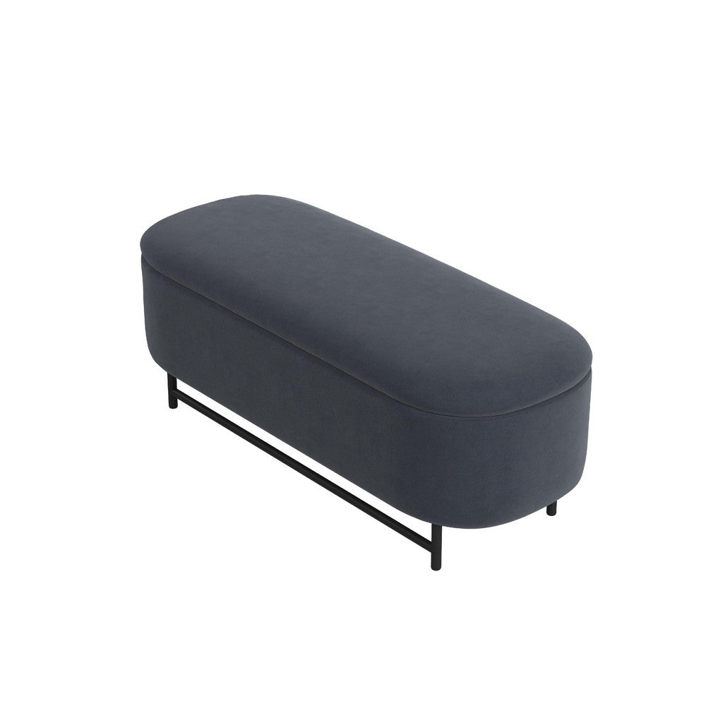 Pat Storage Bench Ottoman, Steel Blue Velvet, Black Metal, 46 Inch -BM334217