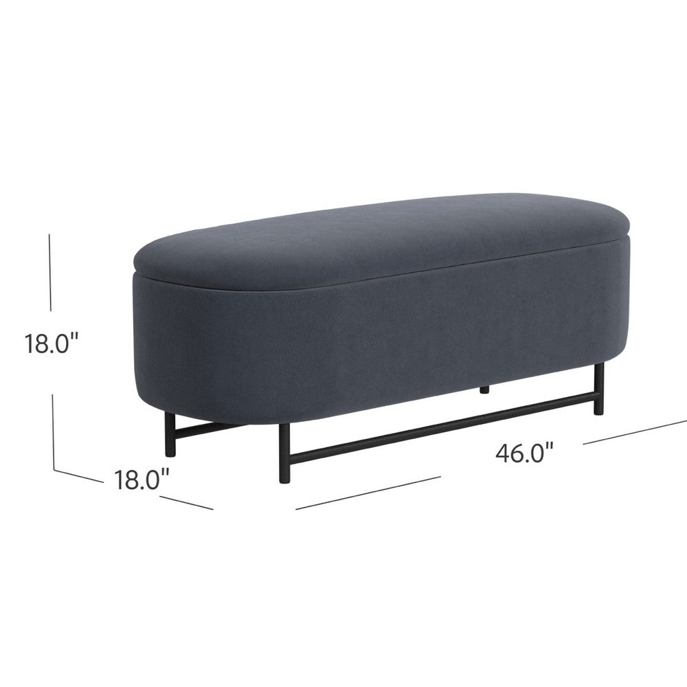 Pat Storage Bench Ottoman, Steel Blue Velvet, Black Metal, 46 Inch -BM334217