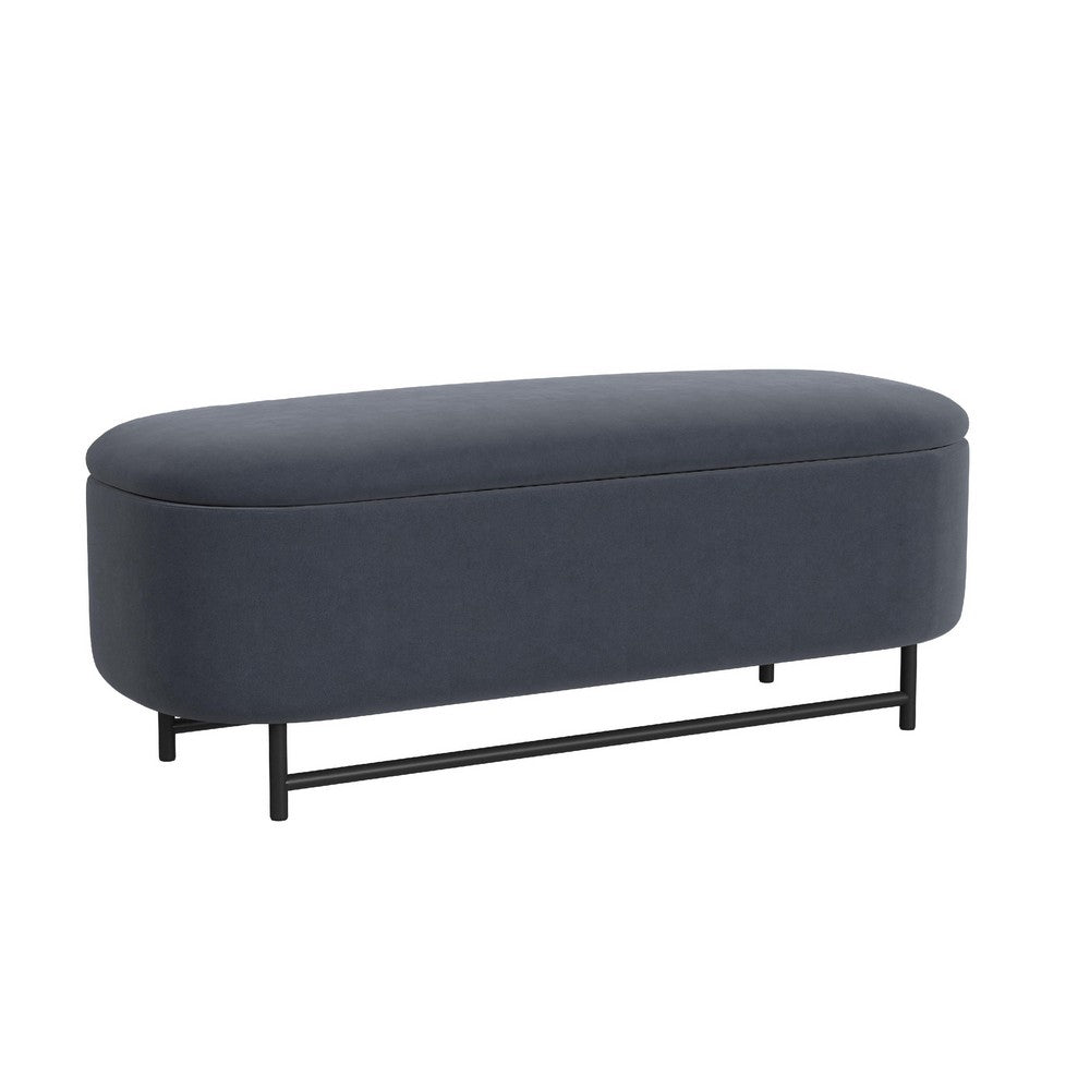 Pat Storage Bench Ottoman, Steel Blue Velvet, Black Metal, 46 Inch -BM334217