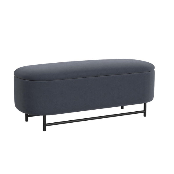 Pat Storage Bench Ottoman, Steel Blue Velvet, Black Metal, 46 Inch -BM334217