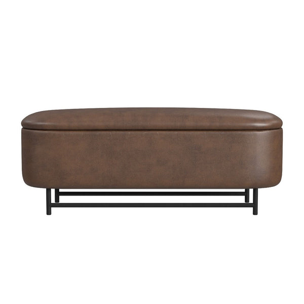 Pat Storage Bench Ottoman, Brown Faux Leather, Black Metal, 46 Inch -BM334218