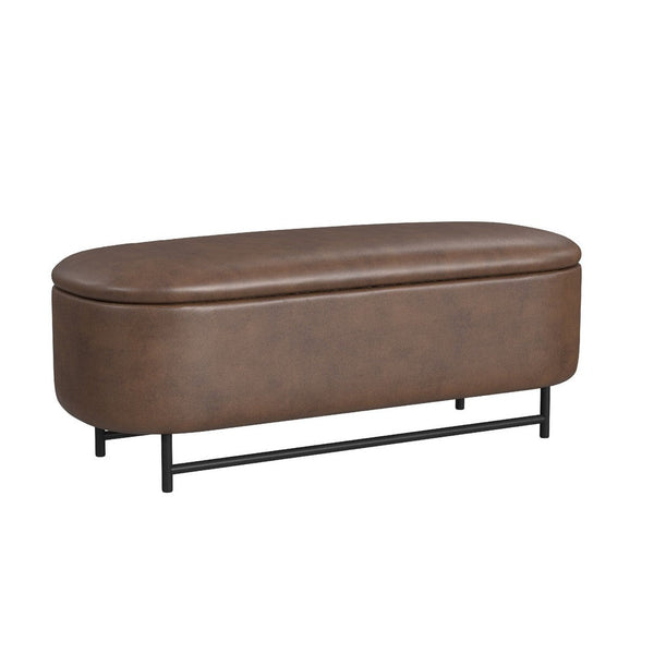 Pat Storage Bench Ottoman, Brown Faux Leather, Black Metal, 46 Inch -BM334218