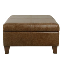 Leo Square Storage Ottoman, Distressed Brown Faux Leather, 28 Inch -BM334225
