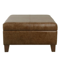 Leo Square Storage Ottoman, Distressed Brown Faux Leather, 28 Inch -BM334225