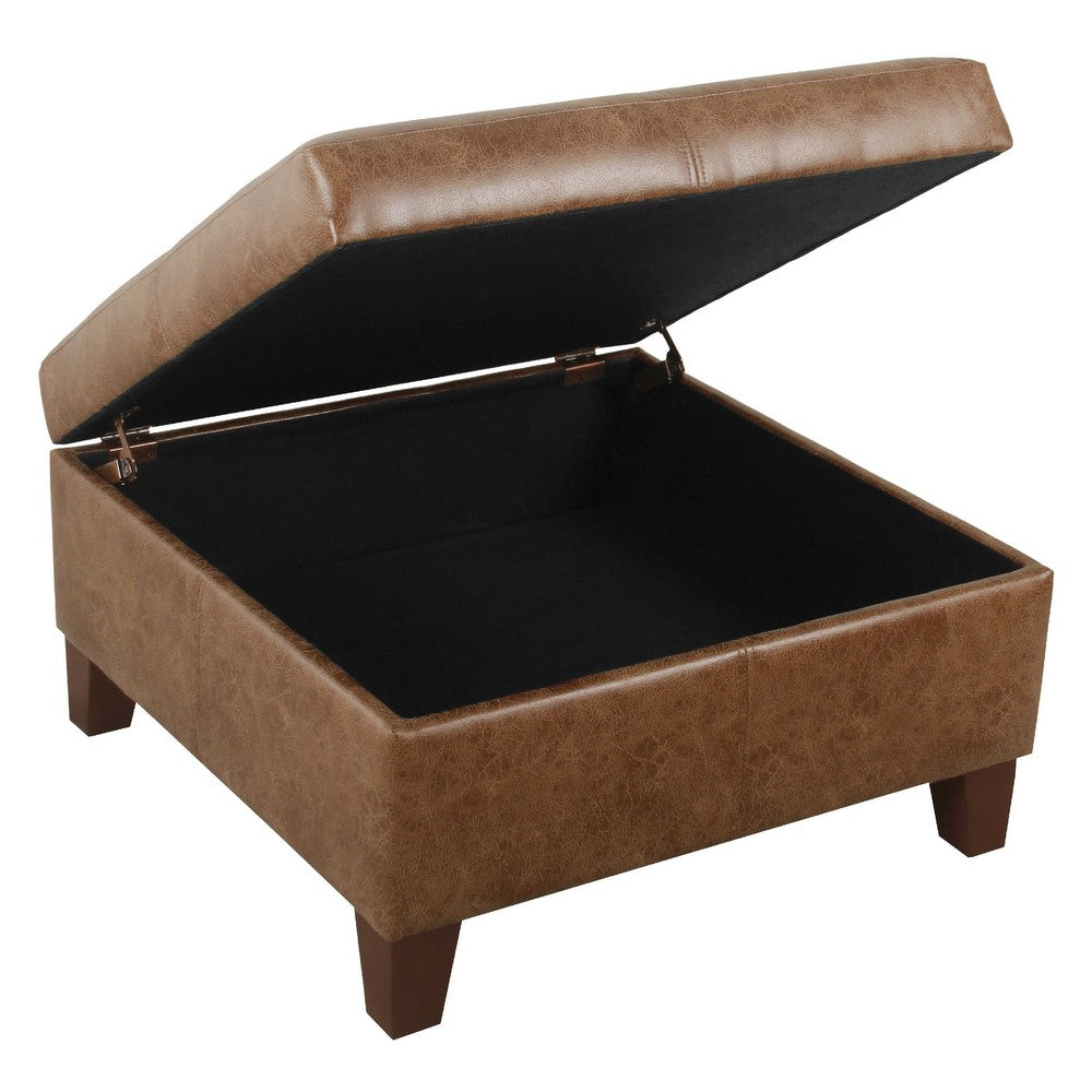 Leo Square Storage Ottoman, Distressed Brown Faux Leather, 28 Inch -BM334225
