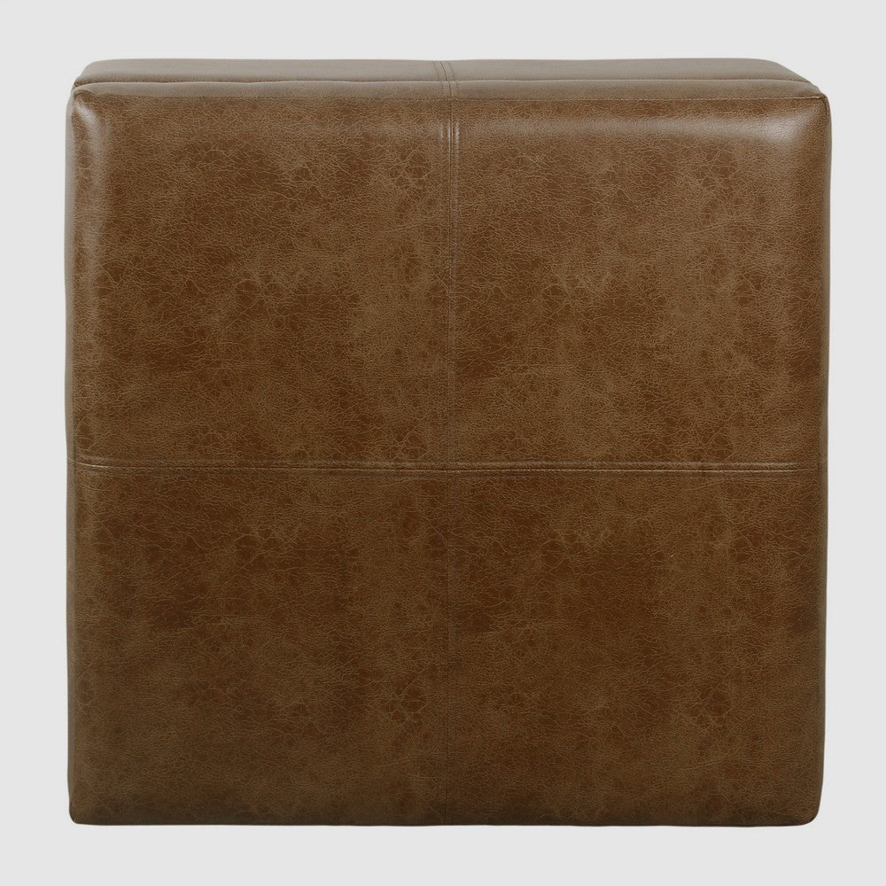 Leo Square Storage Ottoman, Distressed Brown Faux Leather, 28 Inch -BM334225
