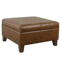 Leo Square Storage Ottoman, Distressed Brown Faux Leather, 28 Inch -BM334225