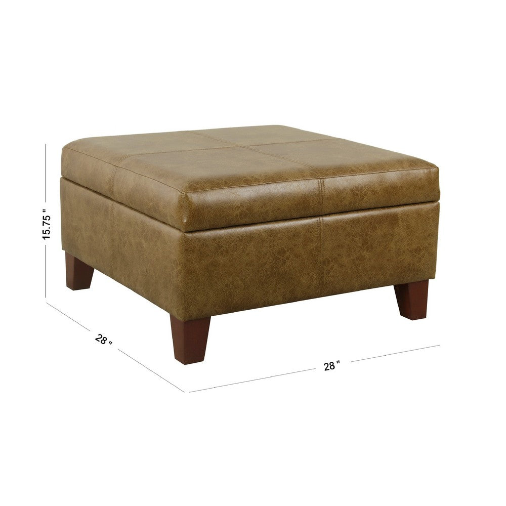 Leo Square Storage Ottoman, Distressed Brown Faux Leather, 28 Inch -BM334225