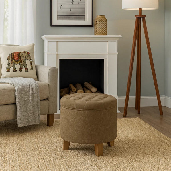 Wes Round Storage Ottoman, Mocha Brown Velvet, Hardwood, 19 Inch -BM334226