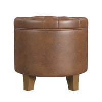 Wes Round Storage Ottoman, Brown Faux Leather, Hardwood, 19 Inch -BM334228