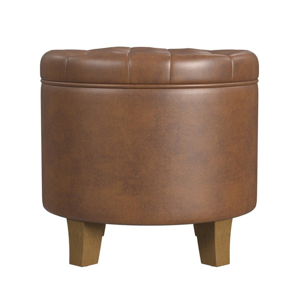 Wes Round Storage Ottoman, Brown Faux Leather, Hardwood, 19 Inch -BM334228