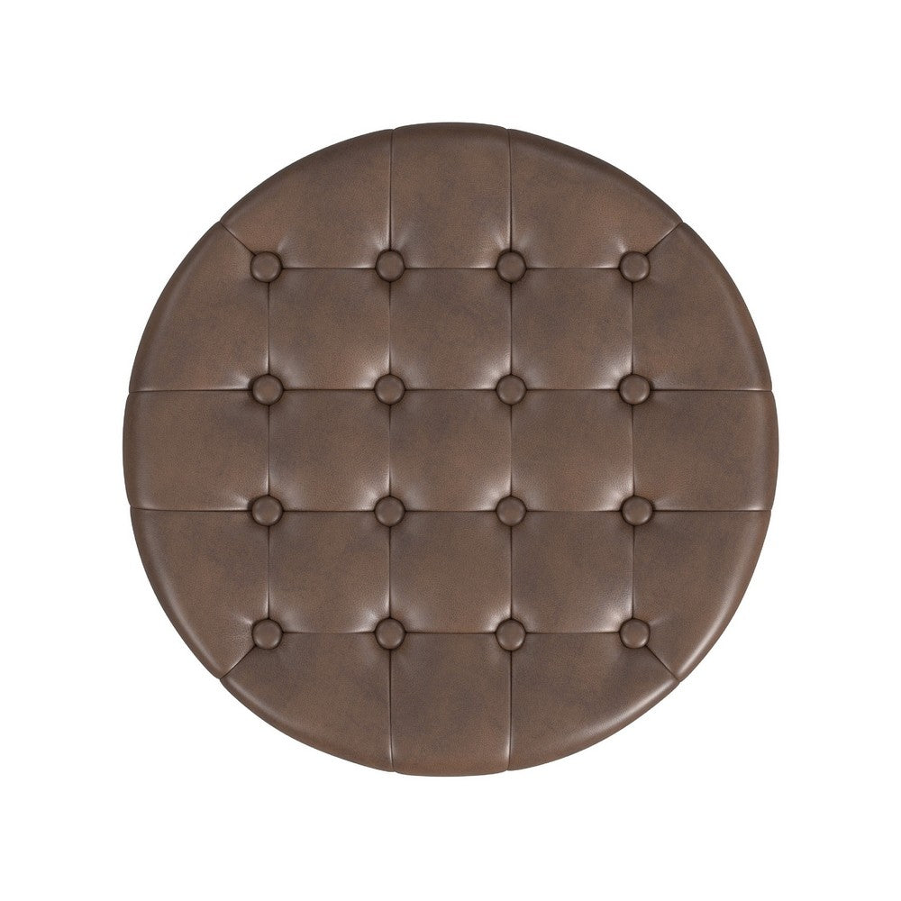 Wes Round Storage Ottoman, Brown Faux Leather, Hardwood, 19 Inch -BM334228