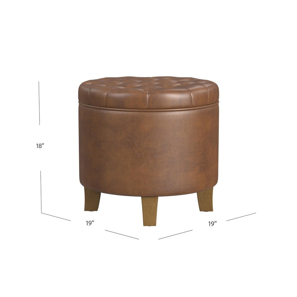 Wes Round Storage Ottoman, Brown Faux Leather, Hardwood, 19 Inch -BM334228