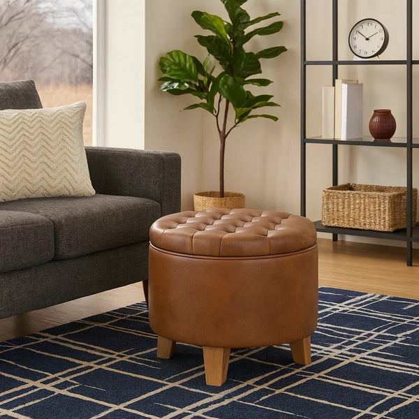 Wes Round Storage Ottoman, Brown Faux Leather, Hardwood, 19 Inch -BM334228