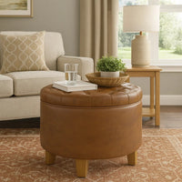 Wes Round Storage Ottoman, Brown Faux Leather, Hardwood, 19 Inch -BM334228