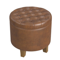Wes Round Storage Ottoman, Brown Faux Leather, Hardwood, 19 Inch -BM334228