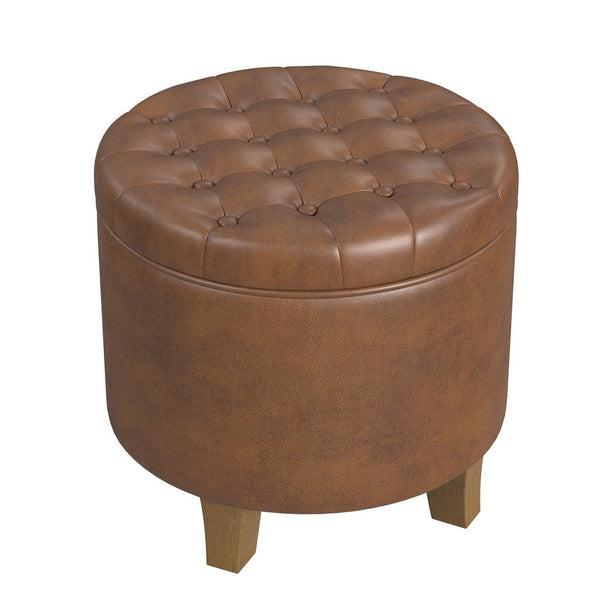 Wes Round Storage Ottoman, Brown Faux Leather, Hardwood, 19 Inch -BM334228