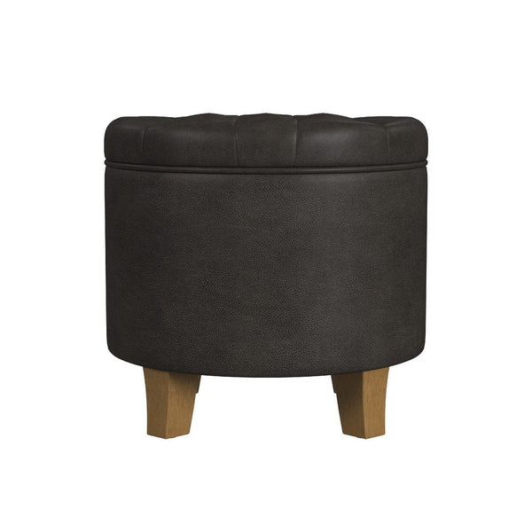 Wes Round Storage Ottoman, Black Faux Leather, Hardwood, 19 Inch -BM334229