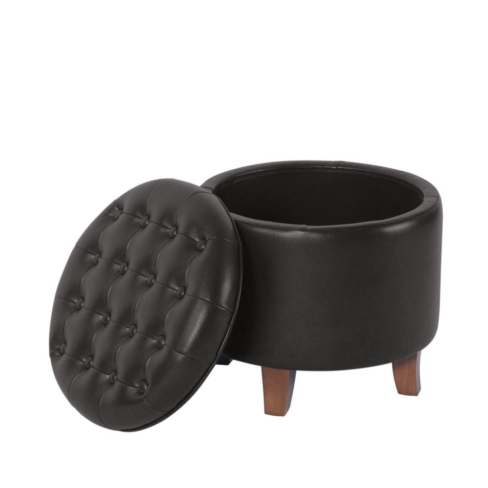Wes Round Storage Ottoman, Black Faux Leather, Hardwood, 19 Inch -BM334229