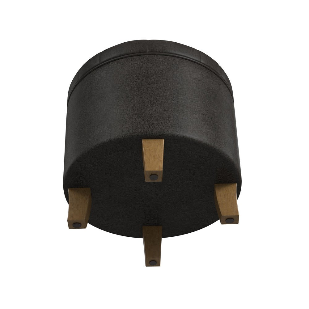 Wes Round Storage Ottoman, Black Faux Leather, Hardwood, 19 Inch -BM334229