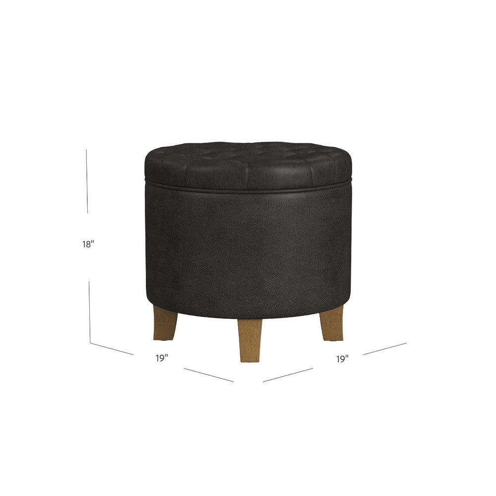 Wes Round Storage Ottoman, Black Faux Leather, Hardwood, 19 Inch -BM334229