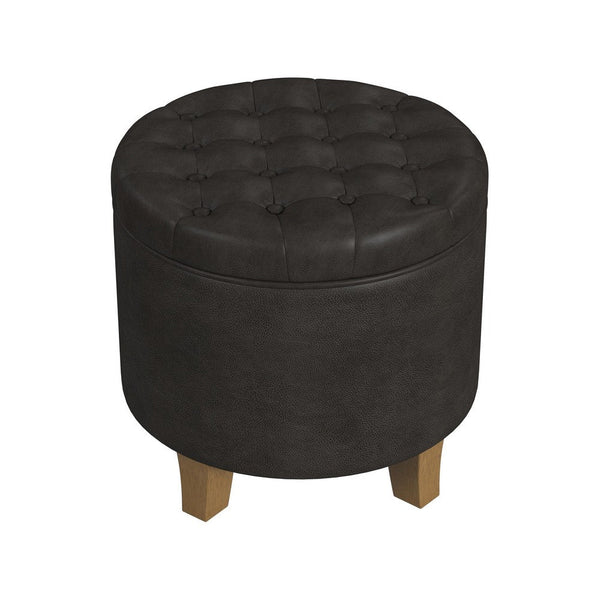 Wes Round Storage Ottoman, Black Faux Leather, Hardwood, 19 Inch -BM334229