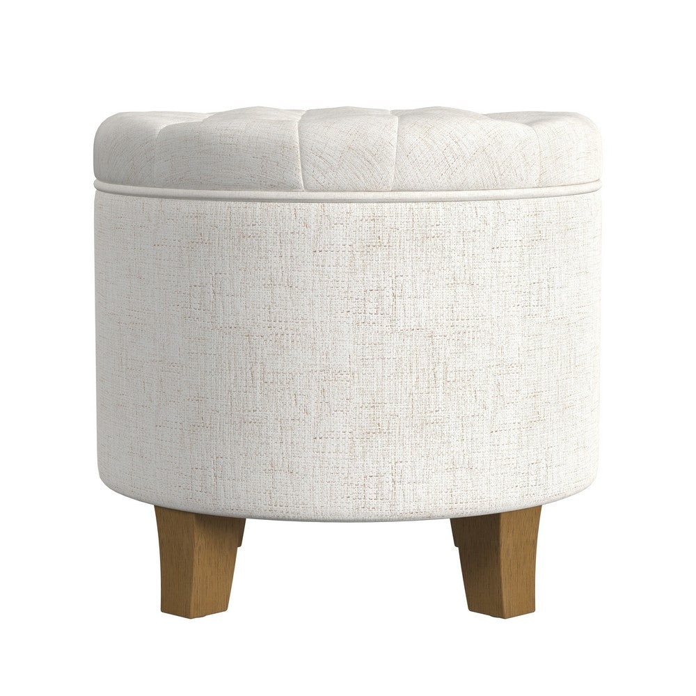 Wes Round Storage Ottoman, Cream Woven Fabric, Hardwood, 19 Inch -BM334230