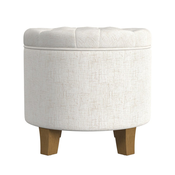 Wes Round Storage Ottoman, Cream Woven Fabric, Hardwood, 19 Inch -BM334230