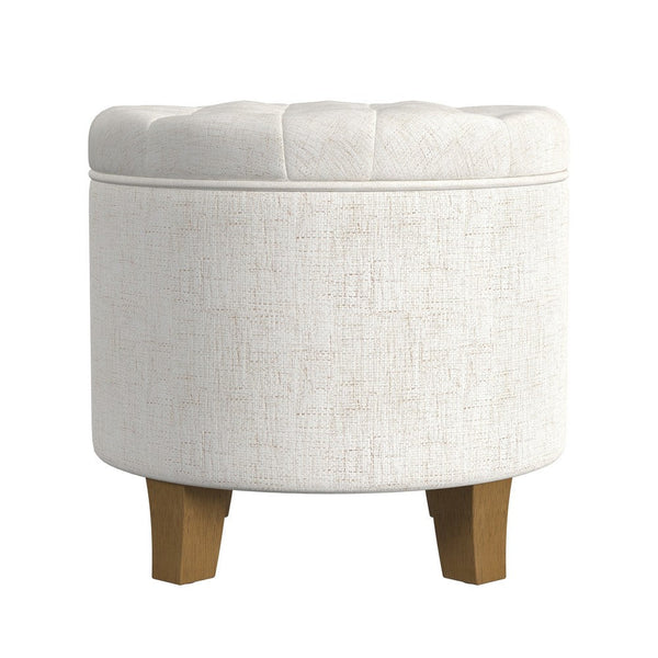 Wes Round Storage Ottoman, Cream Woven Fabric, Hardwood, 19 Inch -BM334230