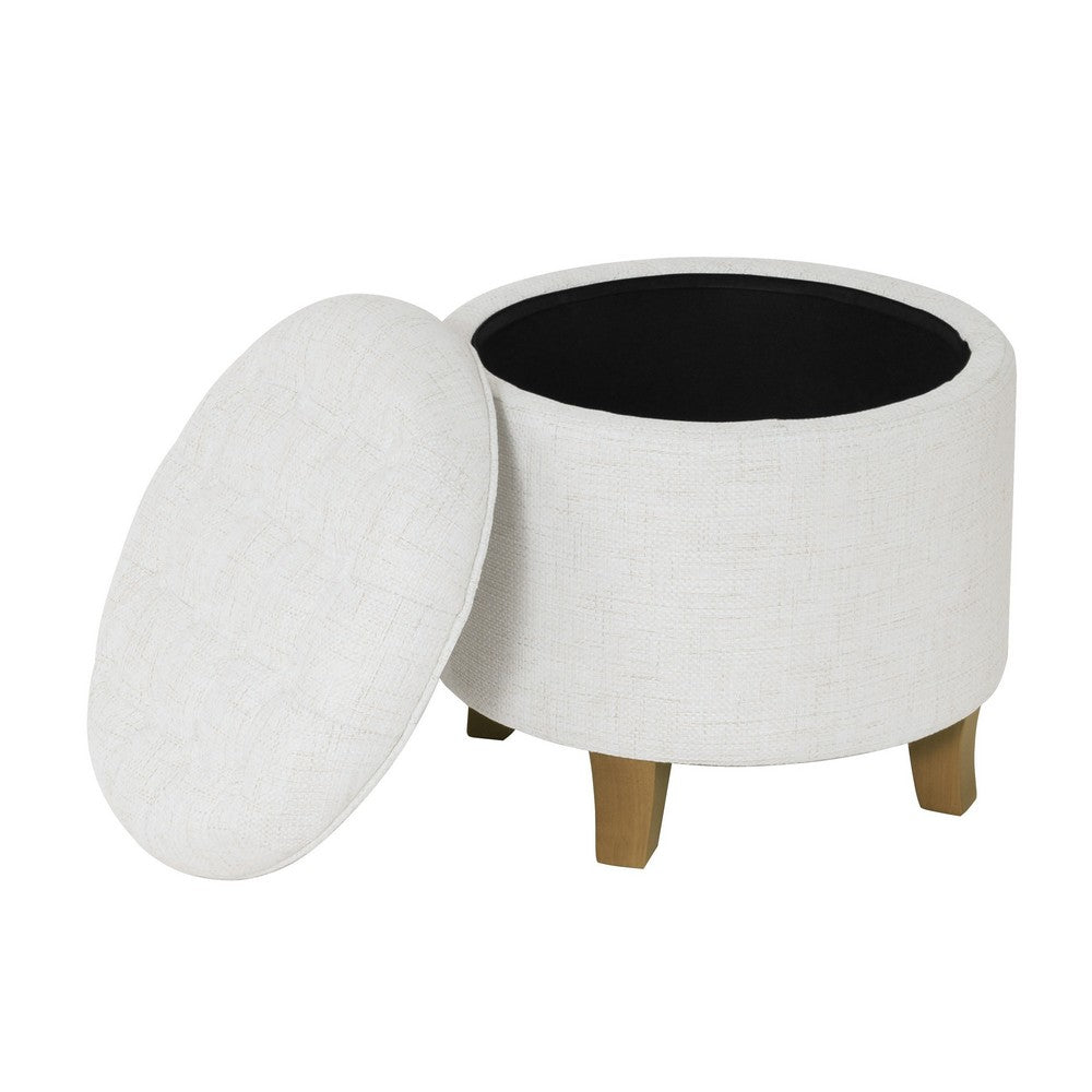 Wes Round Storage Ottoman, Cream Woven Fabric, Hardwood, 19 Inch -BM334230