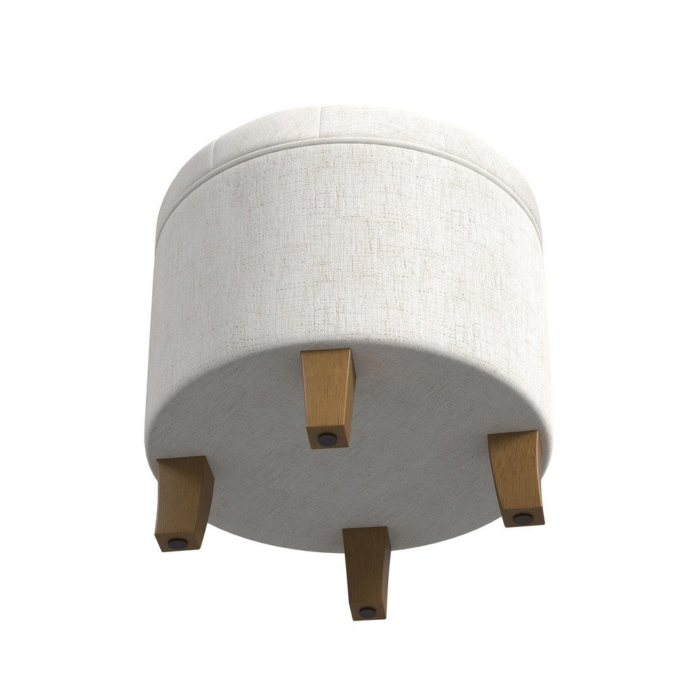 Wes Round Storage Ottoman, Cream Woven Fabric, Hardwood, 19 Inch -BM334230