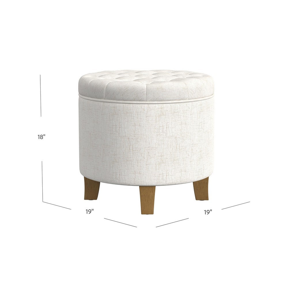 Wes Round Storage Ottoman, Cream Woven Fabric, Hardwood, 19 Inch -BM334230