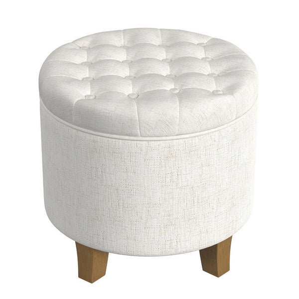 Wes Round Storage Ottoman, Cream Woven Fabric, Hardwood, 19 Inch -BM334230