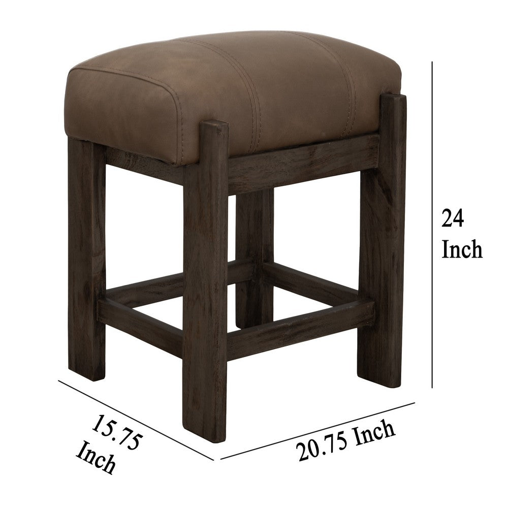 Eray Counter Height Stool, Teak Brown Cushioned, Solid Wood 24 Inch -BM334244