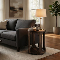 Eray Chairside Table with Shelf, Round Open Frame, Black Teak, 18 Inch -BM334250