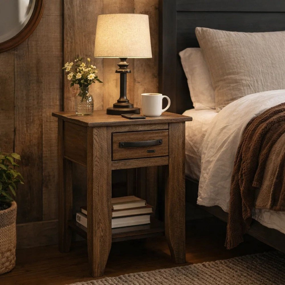 Tacey Chairside Table, 1 Drawer, 1 Shelf, Peanut Brown Wood, 18 Inch -BM334267