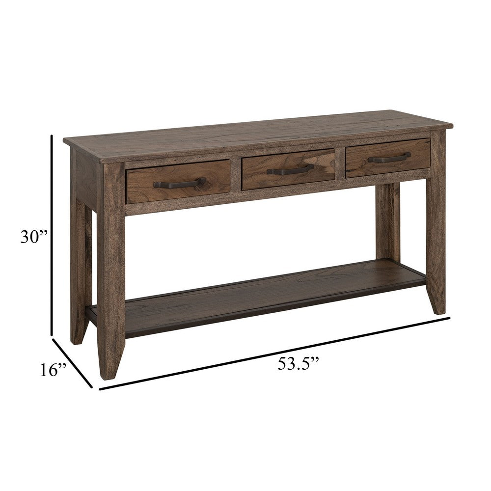 Tacey Sofa Console Table, 3 Drawers, Rustic Peanut Brown Wood, 54 Inch -BM334271