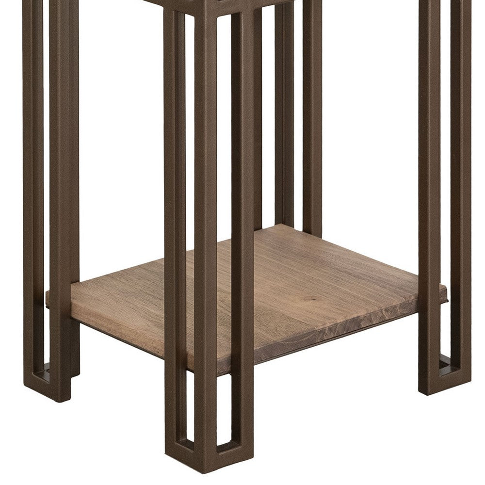 Remie Chairside Table, Shelf, Iron, Camel Brown Melina Wood, 17 Inch -BM334279